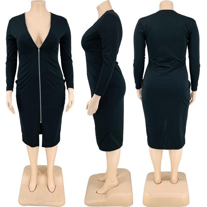 Ladies Dresses 2021 Fashion 5xl Sexy Dress Women Long Sleeve Zipper v Neck Plus Size Bodycon Dress Wholesale Dropshipping Plus Size - Voluptuous Inc 