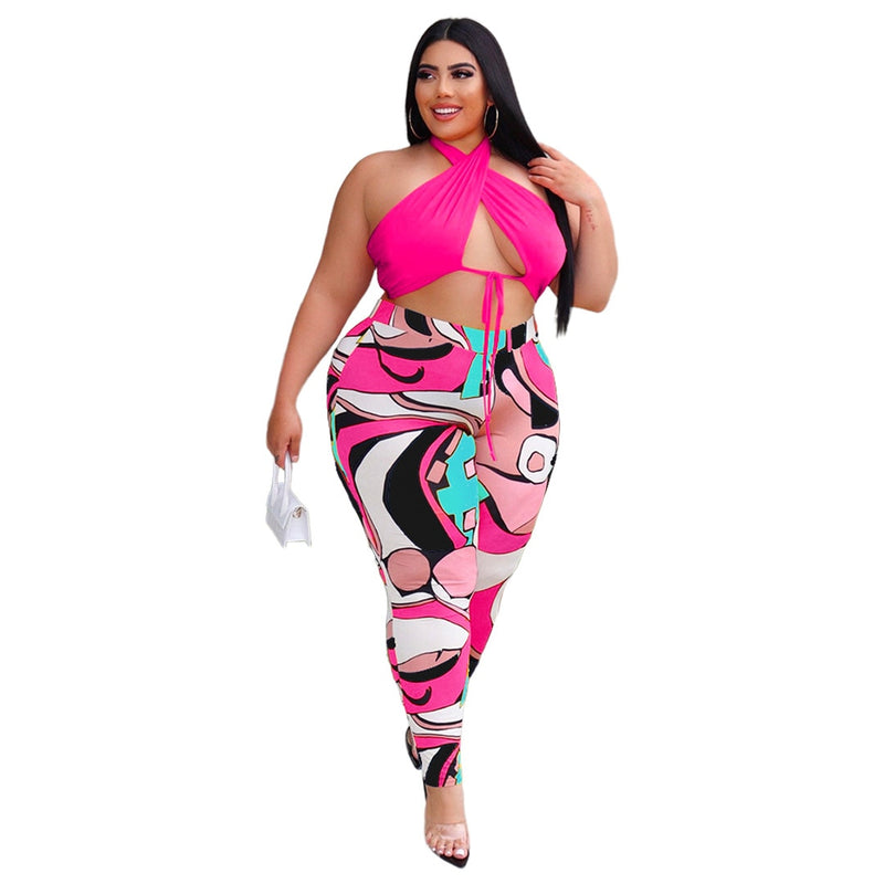 5xl Summer Outfits Sexy Lace Up Top Print Sweatpants Hollow Out Plus Size Two Piece Sets Women Clothing Wholesale Dropshipping Plus Size - Voluptuous Inc 