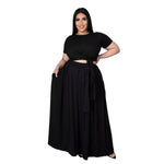 Plus Size Outfits for Women 4xl 5xl Fashion Round Collar Solid Color Bandage Swing Two Piece Set Skirts Wholesale Dropshipping - Voluptuous Inc 