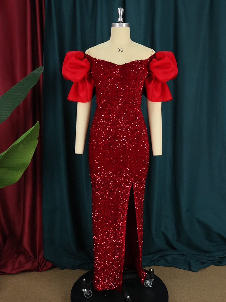 Sequins Velvet Sleeve Luxury Evening Party Gowns Cocktail Dress Plus Size - Voluptuous Inc 