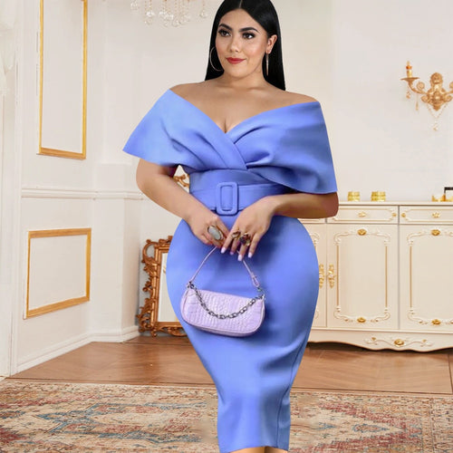 Blue Dresses Plus Size Off Shoulder Sexy v Neck High Waist Bodycon Evening Birthday Cocktail Event Gowns Dress for Ladies 2022 - Voluptuous Inc 
