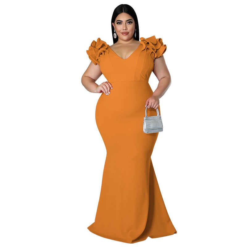 Ruffle Butterfly Sleeve Fashion Evening Maxi Dress Plus Size - Voluptuous Inc 
