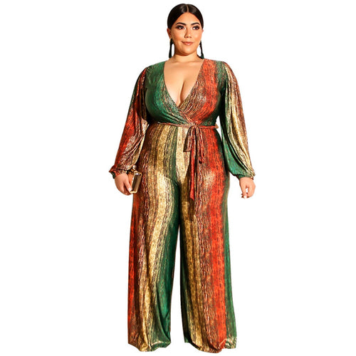 New Plus Size Women Jumpsuits Elegant v Neck Long Sleeve Rompers Office Lady Straight One Piece Outfits Wholesale Drop Shipping Plus Size - Voluptuous Inc 