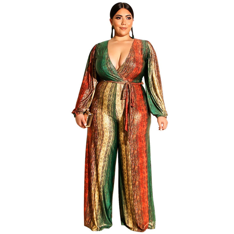 New Plus Size Women Jumpsuits Elegant v Neck Long Sleeve Rompers Office Lady Straight One Piece Outfits Wholesale Drop Shipping Plus Size - Voluptuous Inc 
