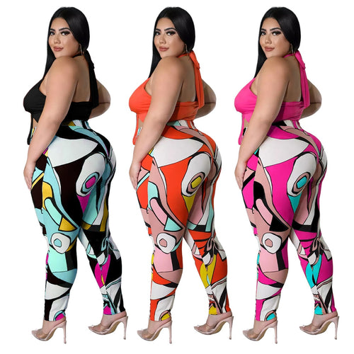 5xl Summer Outfits Sexy Lace Up Top Print Sweatpants Hollow Out Plus Size Two Piece Sets Women Clothing Wholesale Dropshipping Plus Size - Voluptuous Inc 