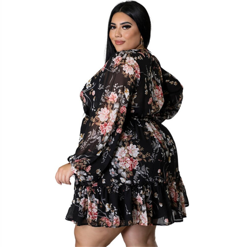Wmstar Dresses Women Plus Size 5xl Sexy Party Flower Print Mini Dress Loose Elegant Casual Outfits 2022 Wholesale Dropshipping Plus Size - Voluptuous Inc 