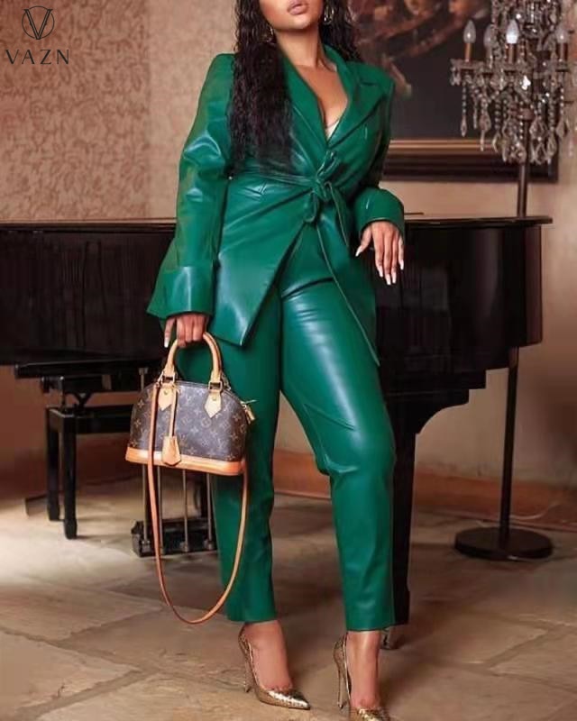 VAZN 2021 New PU Leather High-End Solid Suit Set Women of Quality Office Lady Full Sleeve Long Pants Slim Women 2 Piece Set Plus Size - Voluptuous Inc 